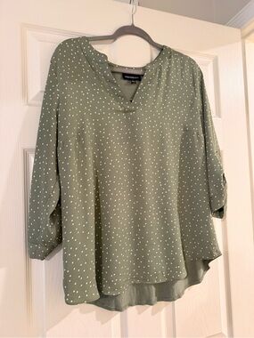 Fortune + Ivy Olive Green Polka Dot V-Neck Blouse